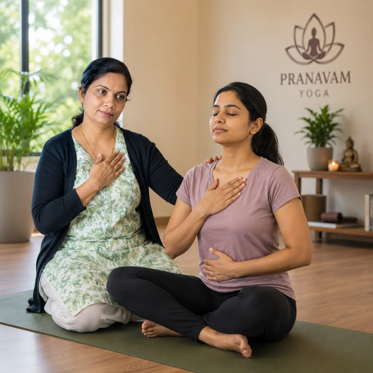 Veena guiding a breathing practice at Pranavam Yoga