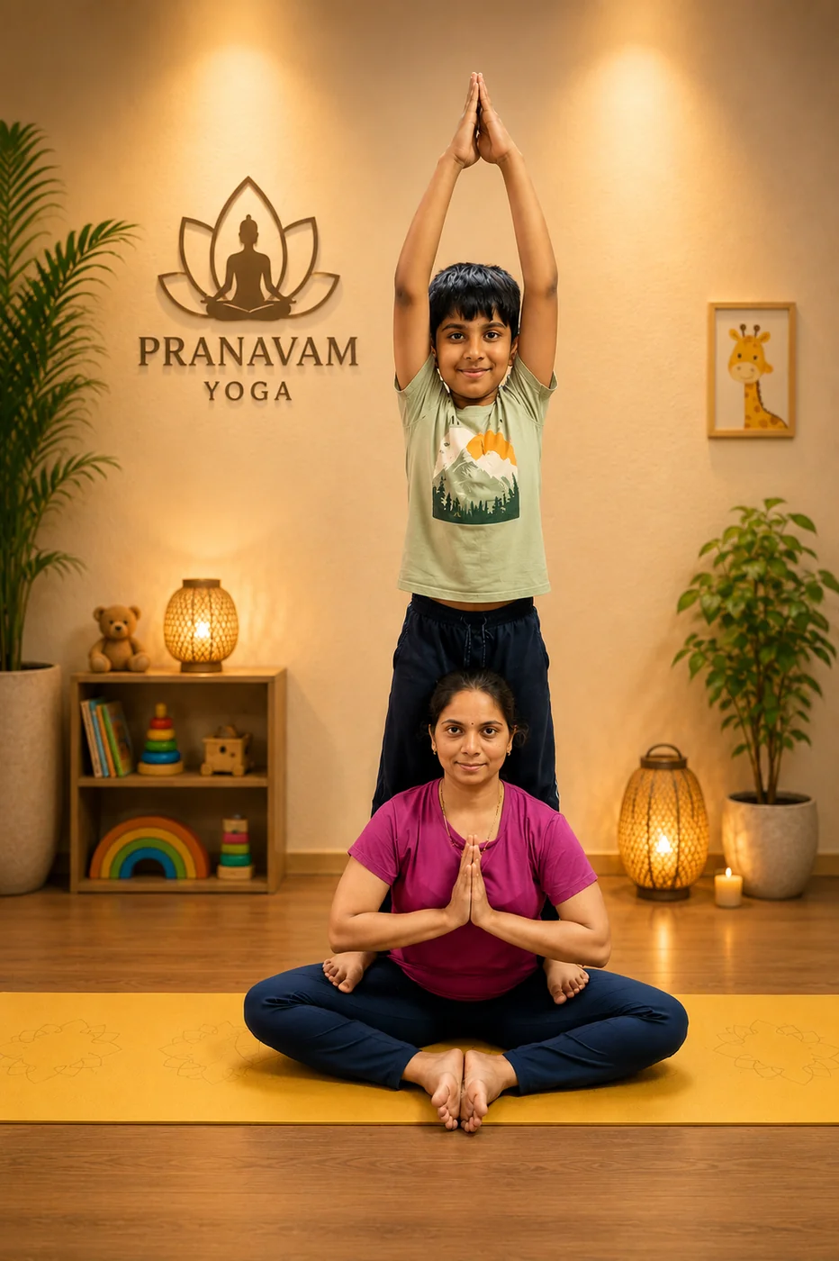 Veena guiding a young student at Pranavam Yoga