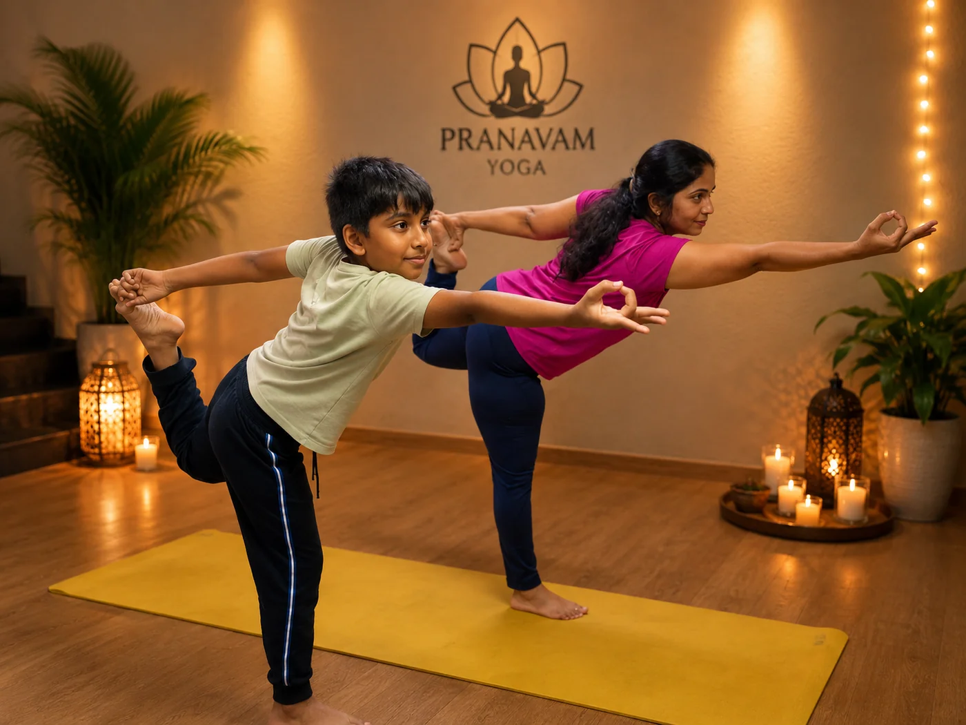Veena practising with a student at Pranavam Yoga