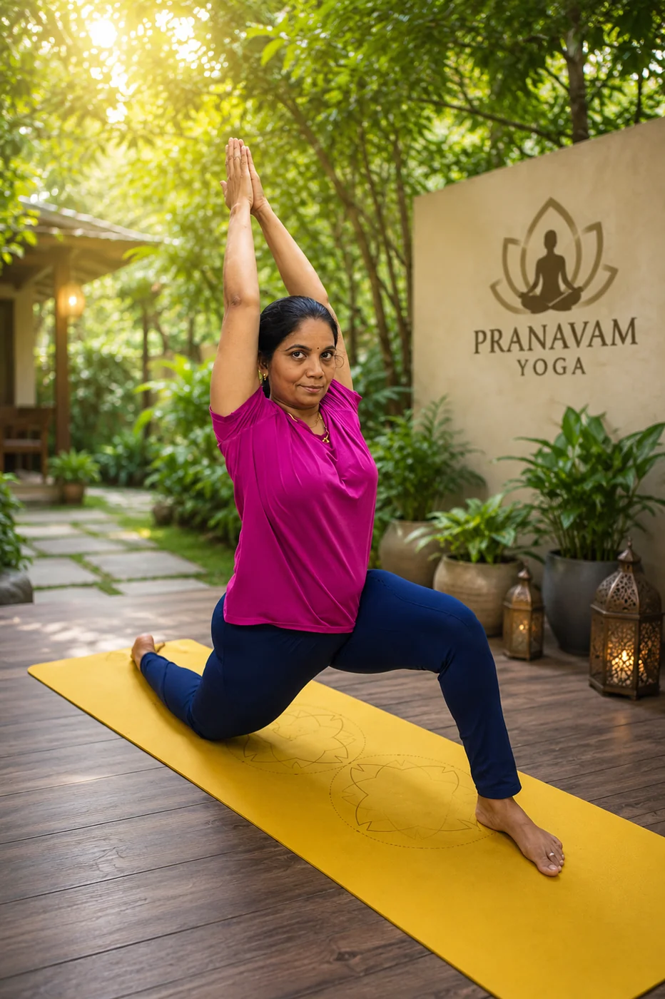 Veena practising outdoors at Pranavam Yoga